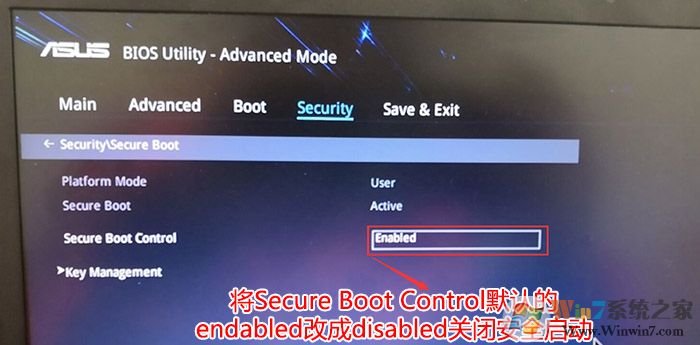 把Secure Boot control選enabled改為disabled關(guān)閉安全啟動(dòng)