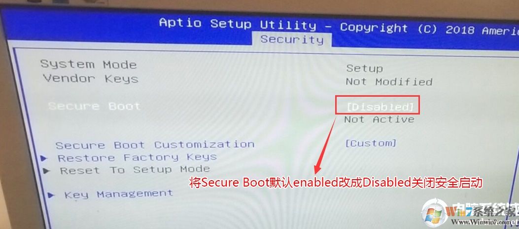 將Secure Boot默認的enabled改成disabled關閉安全啟動