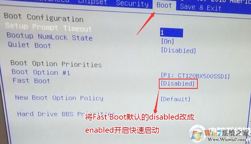 將Fast Boot默認的disabled改成enabled，開啟快速啟動,