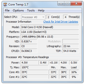 CoreTemp(測(cè)量CPU溫度) V1.7 綠色版