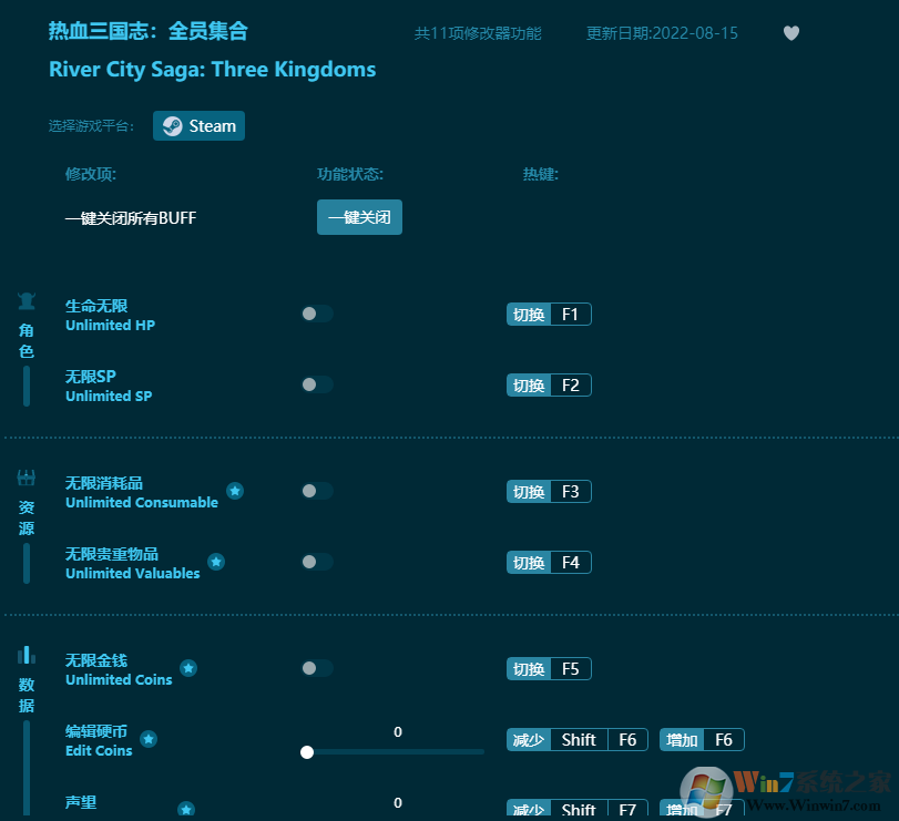 熱血三國(guó)志全員集結(jié)十一項(xiàng)修改器 v2022.8最新版